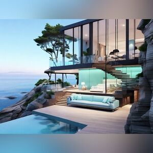 HANDCRAFTED Modern Coastal Glass House digital art print by me NWT